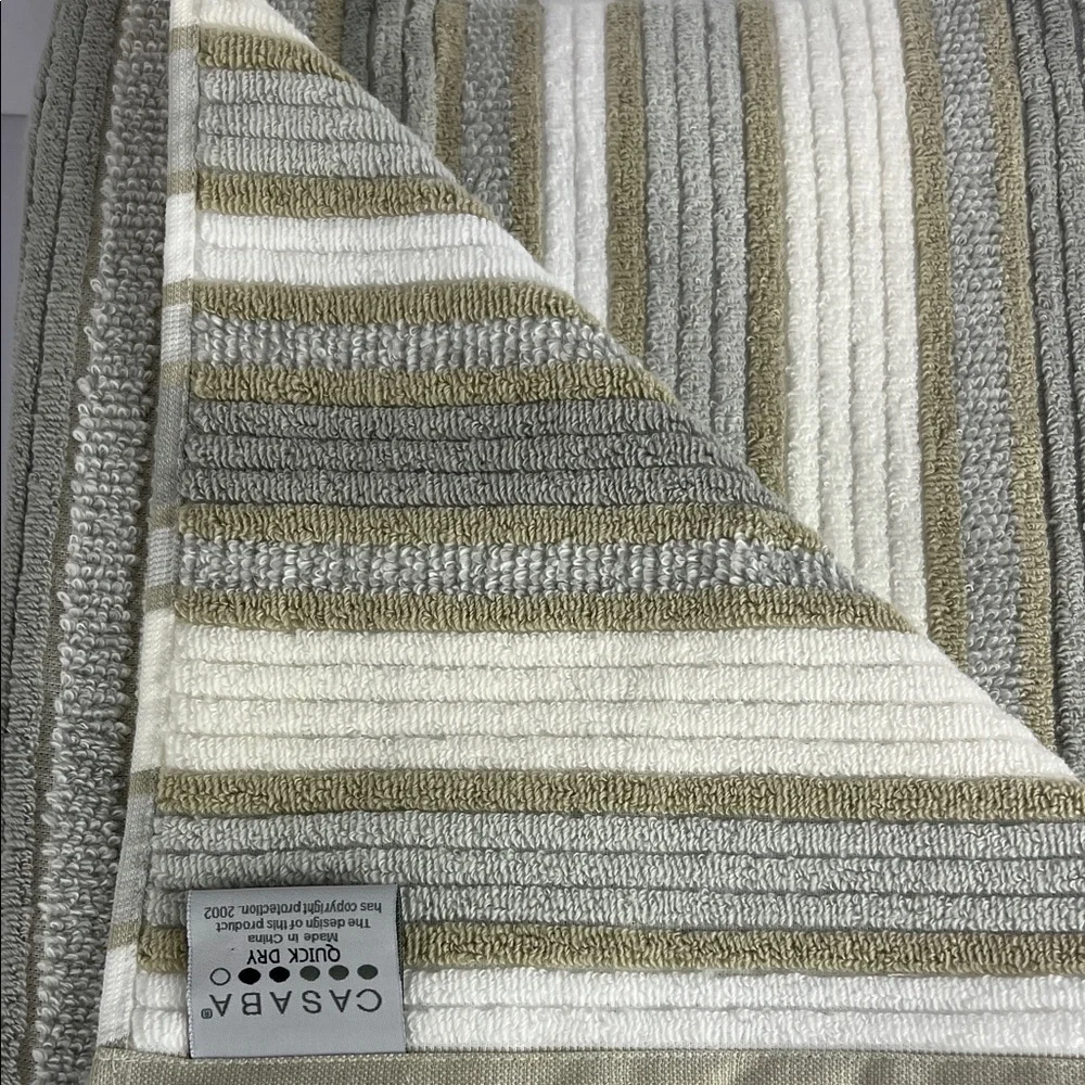 Casaba Bath Towel Set Striped Taupe Tan White Zero Twist Quick Dry 2 Pc NEW